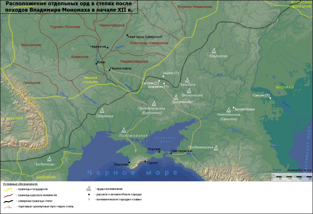 Карта расположения половецких орд в начале XII века, по Плетневой С.А.